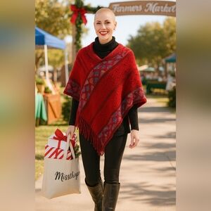 Red Knit Poncho Fringe Wrap Boho Gypsy Embroidered Cover-Up Shaw Scarf